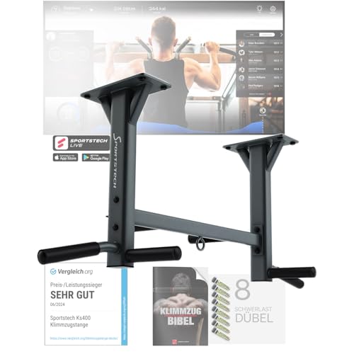 Sportstech KS400, 4in1 Klimmzugstange Decke, Pull Up Bar für Zuhause bis 300 kg, 6 rutschfeste Griffe, Klimmzugstange Deckenmontage mit Boxsack Halterung und Ösen für Schlingentrainer, Reckstange