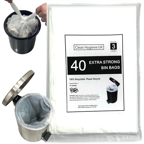3L Bin Bags Extra Strong Extra Large 40 Count Small Waste Pedal Bin Liners 3 Liter Trash Bags For Toilet Bedroom Bathroom Hotels Garbage Food Waste Dog Poop White Refuse Rubbish Sacks 3 Litre 40 Count