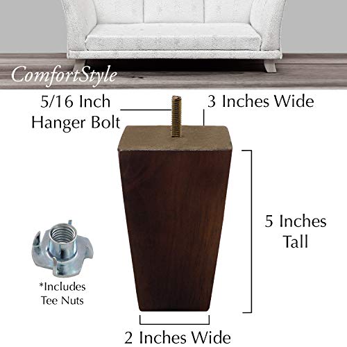 ComfortStyle Furniture Legs, Sofa Ottoman and Chair 5" Wood Feet Replacement, Set of 4 Square Tapered Pyramid Feet (Walnut)