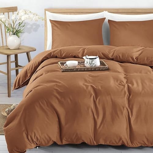 FOAM CRAFT® Premium 3 Piece Duvet Cover Set | 100% Cotton Fabric Duvet Cover & 2 Pillow Shams for Bedrooms, Hotel Rooms, Dorms & Home Decor Wrinkle & Fade Resistant Duvet Set (Brown, 220 x 240cm)