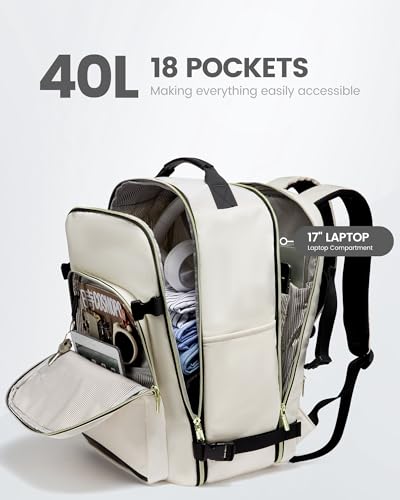 Image of LOVEVOOK Travel Backpack for Women & Men 40L,Airline Approved Carry On Backpack Travel Essentials,TSA Carry on Luggage,Waterproof Personal Item Travel Bag,Suitcase with 3 Packing Cubes,Beige-Black