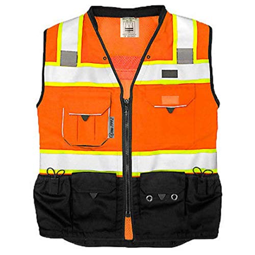 Vero1992 (C) Vest Mens Class 2 Black Series Safety Vest With Zipper and Utility Pockets Premium Black Series Surveyors Vest (XX-Large, Orange/Black)