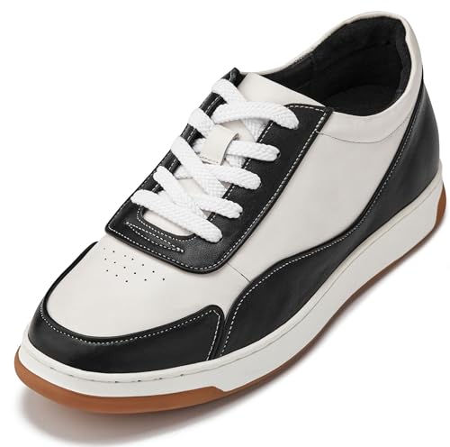CALTO Men's Invisible Height Increasing Elevator Shoes - Black/White Premium Leather Leather Lace-up Fashion Sneakers - 2.6 Inches Taller - Y7884 - Size 9 D(M) US