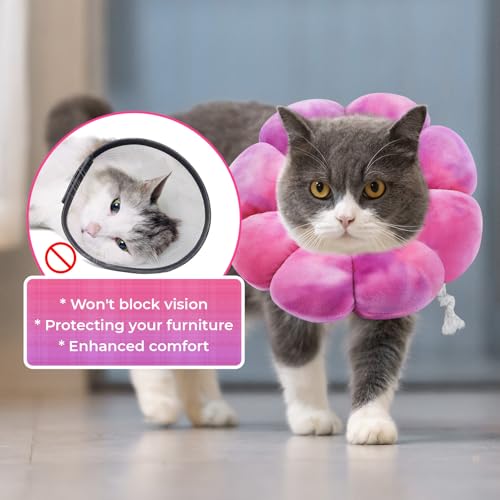 Image of Flower Cat Cone, Uadonile Adjustable Dog Cone Collar, Soft Dog Elizabethan Collar Recovery E Collar After Surgery, Recovery E-Collar for Kittens /Puppies and Cats Recovery(Tie-dye Rose Purple, L)