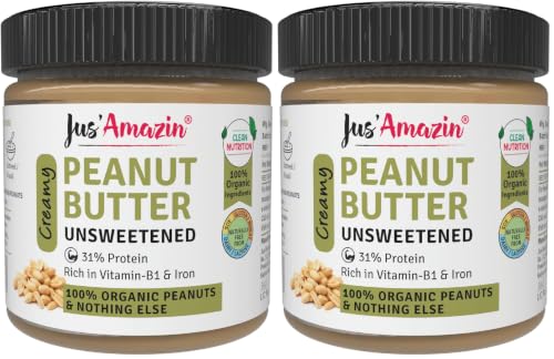Image of Jus' Amazin Creamy Organic Peanut Butter - Unsweetened (200g) | 31% Protein | Single Ingredient - 100% Organic Peanuts (no added Sugar /Salt) | Dairy Free | Keto | Clean Nutrition (Pack of 2)
