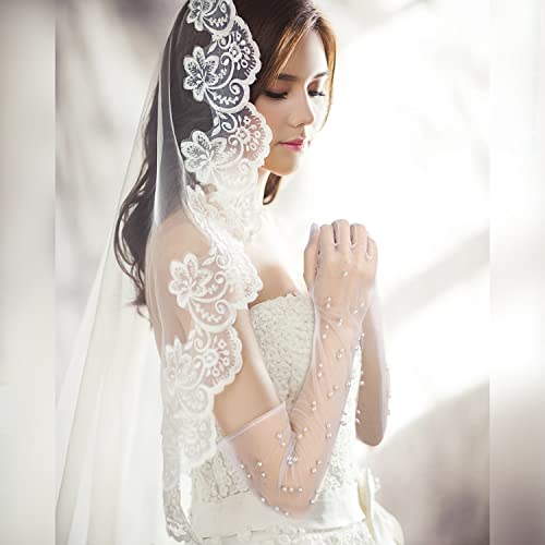 1 Pair Pearl Wedding Gloves - Elegant Long Tulle Bridal White Lace for Brides, Girls, Women4