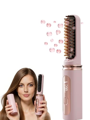 Cordless Hair Straightener Brush, 4-Mode LED Display and Anti-Scald Portable Rechargeable Ceramic Hair Brush for Daily Hair Care & Basic Styling