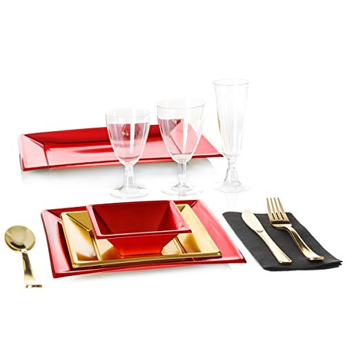 Vajilla de Navidad desechable de plástico (12 personas, Rojo)