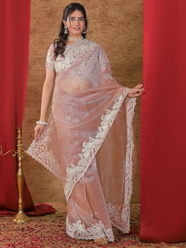 Image of Satrani Women's Net Embroidery Saree with Unstitched Blouse Piece