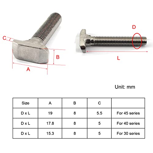Image of 20Pcs M8x16mm 304 Stainless Steel T-Slot Bolt 45 Series Aluminum Profile T-Shaped Screw Bolt Fastener 19mm Head Size