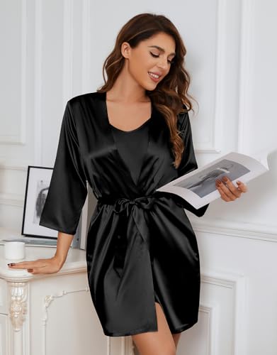 SAPJON Silk Pajamas for Women 5Pcs Sleepwear Loungewear Satin Robe Cami Shorts Pj Set3