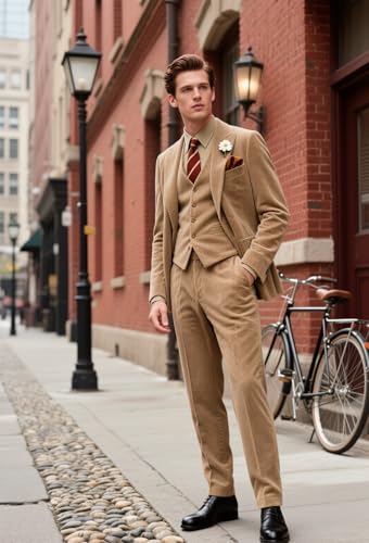 Wehilion Men Corduroy Suit 3 Piece Set Slim Fit Blazer Vest Pants Business Suits for Wedding Christmas Homecoming Party3