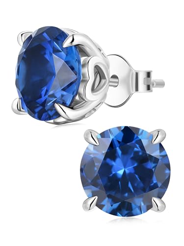 6.5mm Blue Sapphire Small Stud Earrings Women Hypoallergenic Sterling Silver Round Earrings