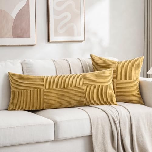 Image of Fancy Homi Set of 2 Mustard Yellow Boho Long Lumbar Body Decorative Throw Pillow Cover 14x36 Inch for Bed Couch Bedroom Bench, Soft Patchwork Corduroy Pillow Case, Rustic Farmhouse Room Decor