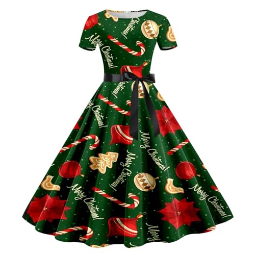 Weihnachtskleid Damen Kurzarm, Weihnachten Kleid Damen mit Lustig Weihnachtsmotiv,Weihnachts Kleider Damen Rundhals Elegant Maxikleider A-Linie Swing...