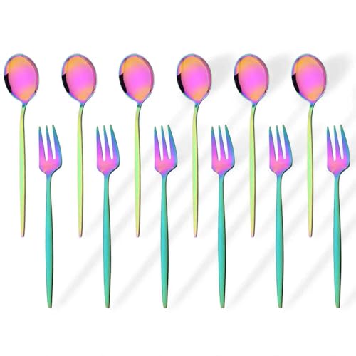 Hemasa Juego de 12 tenedores dorados de acero inoxidable para tartas, aperitivos, ensaladas, café, fruta, cubertería, vajilla, arco iris