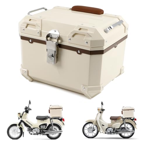 HI-LINE バイク リアボックス 45L トップケース 汎用 ABS製 キーロック付き 防水 防塵 大容量 取付ベース付 バックレスト付き バイクボックス トップボックス 原付/スクーター/カブ対応 簡単取付 (ベージュ, 45L)