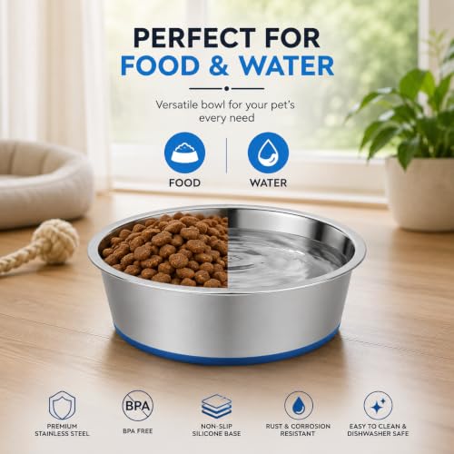 Image of Stainless Steel Dog Bowl with Non-Slip Silicone Base | Food & Water Bowl for Dogs & Puppies | Rust-Resistant, Heavy Duty, Easy to Clean, Anti-Skid Pet Feeding Bowl | Silver & Blue (1 Piece) (250)