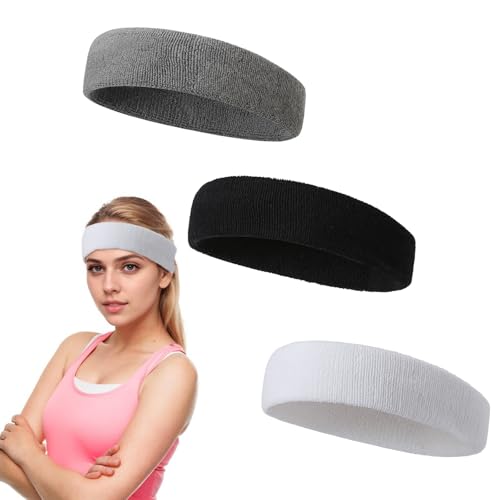 3-Pack Cotton Sports Headbands, Moisture-Wicking Non-Slip Sweatbands, Unisex Black/White/Grey