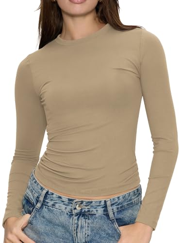 Long Sleeve Shirts for Women Fall Fashion Basic Crop Top, Coffee Grey, 2XS