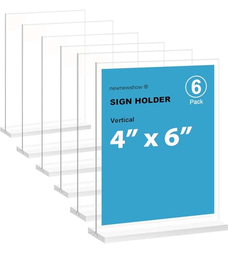 newnewshow 4x6 Inch Clear Acrylic Sign Holder, Display Stand, Plastic Card Holder for Business, Office, Retail (4x6 Inch 6 Pack)