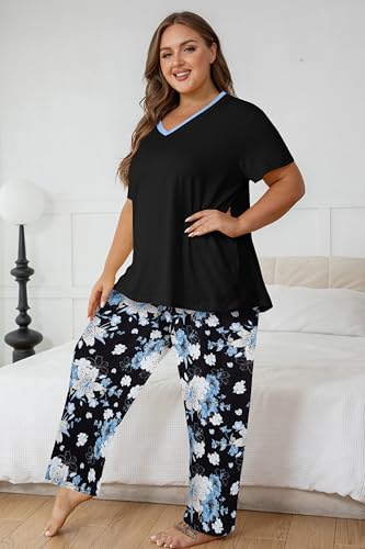 Vozanet Women's Pajama Sets Short Sleeve with Long Pant Soft Sleepwear Printed pj Loungewear With TWO Pockets Size 1X to 5X2