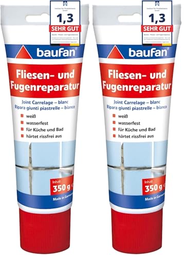 Baufan Fliesen- und Fugenreparatur Weiß 350g I Wasserfeste Spachtelmasse mit optimaler Haftung I Für Küche & Bad I Härtet rissefrei aus I Fugen-Mörtel (Packung mit 2)