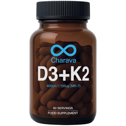 Charava Vitamin D3 + K2 (Vegan) – 4000IU Vitamin D3 & 100μg K2 MK7 – High Strength Capsules, Made in UK – 60 Capsules for Bones, Muscles & Immune Support