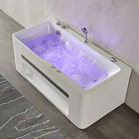 Weibath 59'' Modern Acrylic Alcove Whirlpool Bathtub Rectangular Water Massage Bathtub Chromatherapy LED Soaking Tub with Bathtub Filler Faucet Cover