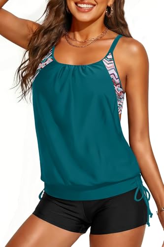 Image of Holipick Blouson Tankini Swimsuits for Women - Two Piece Tummy Control Bathing Suit with Shorts Modest Swimwear
