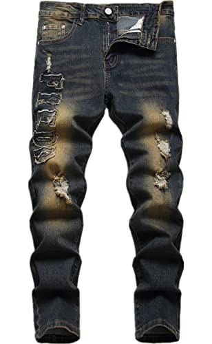 Boy's Skinny Fit Stretch Ripped Distressed Letter Embroidered Washed Fashion Kids Jeans Pants,132,16