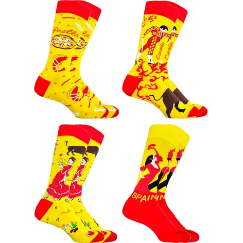 PS PROUTHS Calcetines España Hombre (4 Pares) Calcetines con Diseños Españoles Paella, Toros, Sevillana y Flamenco, 98% Algodón, Talla 40 46 (ESPAÑA X4 (40/46))