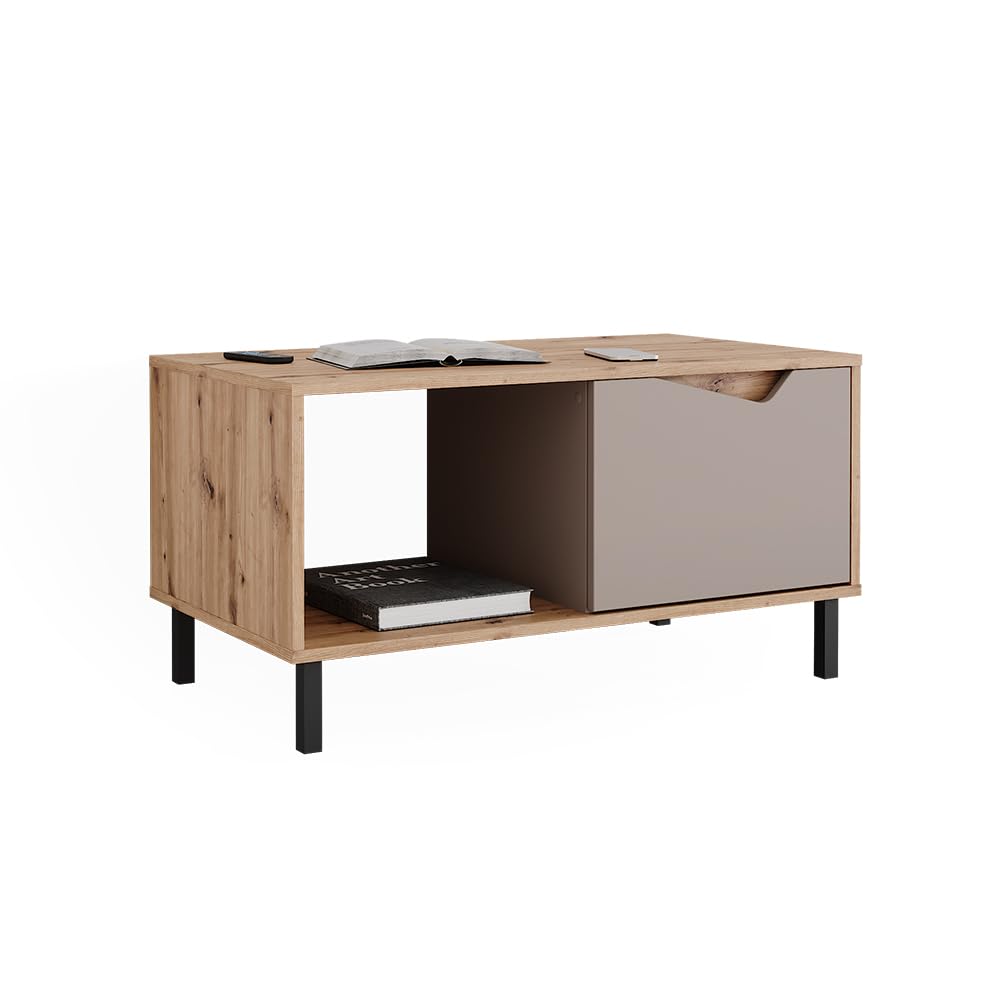 Vicco Couchtisch Marelle, Greige/Artisan, 90 x 50 cm | mit 1 Tür, offenem Ablagefach für zusätzliche Aufbewahrungsmöglichkeiten