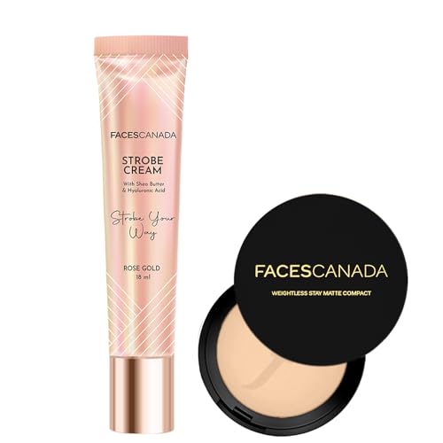 Image of FACESCANADA Matte & Glow Combo - Strobe Cream - Rose Gold (18ml) + Weightless Stay Matte Finish Compact Powder - Natural 02 (9g) | Flawless Glowy Finish | Hides Imperfections