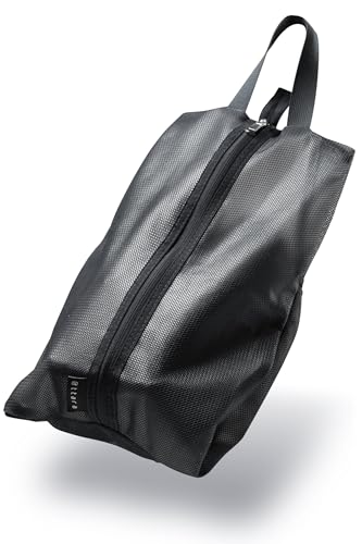 【超軽量コンパクト×大人靴すっぽり！】シューズバッグ ポケット付きNEWタイプ シューズケース 巾着 子供 女の子 男の子 ゴルフ バッシュ シューズ袋 旅行 出張 スポーツ 学校 部活 靴入れ 撥水加工 収納バッグ ジムバッグ (M/ポケットあり, ブラック)のサムネイル