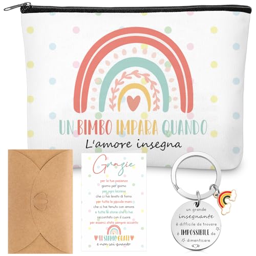 Jadive 4 Regali di Apprezzamento Addio Insegnanti Pochette Maestra Borsa Cosmetici Portachiavi Biglietto di Auguri per la Festa degli Insegnanti con Busta Regalo Elementare Asilo Nido Educatrice