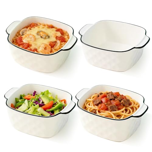 Juego de 4 cazuelas de cerámica de 400 ml, pequeñas 14,3 x 11 x 5,3 cm, moldes cuadrados con asas, apilables de cerámica para freidora de aire caliente, horno y microondas (estilo 2)