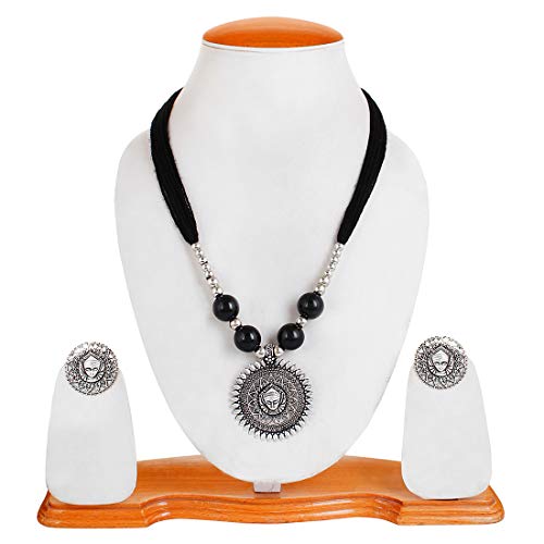 YouBella Fashion Jewellery Antique Oxidised Tribal Cotton Thread Jewellery Necklace Earring Set for Women & Girls.(Valentine Gift Special). (Black)