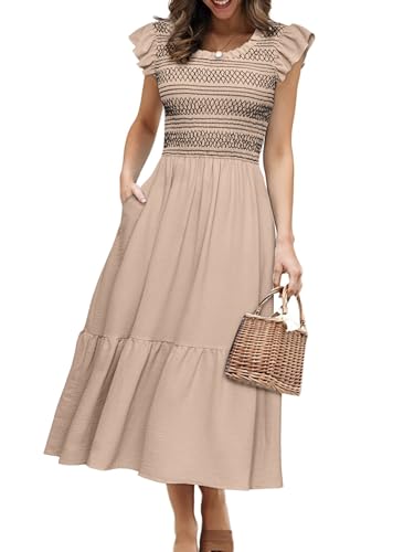 Image of Simplee Womens Summer Midi Dress Casual Boho Smocked Waist Flutter Sleeve A Line Flowy Tiered Dress with Pockets