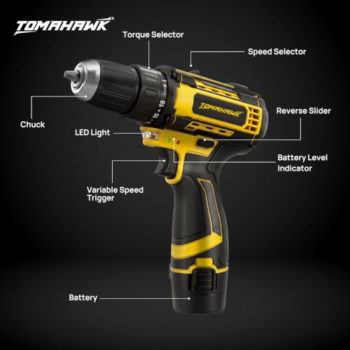 Image of TOMAHAWK TCDR-12A 12V Cordless Drill /Screwdriver Kit | 10mm Keyless Chuck | 2-Speed (350 /1350 RPM) | 1.5Ah Single Battery | LED Light | 25+1 Torque | Drill & Screwdriver Bit Set for Home, DIY