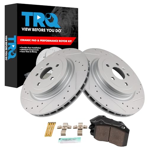 Image of TRQ Performance Rear Brake Pad and Rotor Set Ceramic Coated Slotted Drilled Compatible with 2012-2016 Tesla S