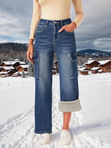 Women's Fleece Lined Jeans Winter Casual Multi Pockets Flannel Lined Jean Cargo Denim Pants Thermal4