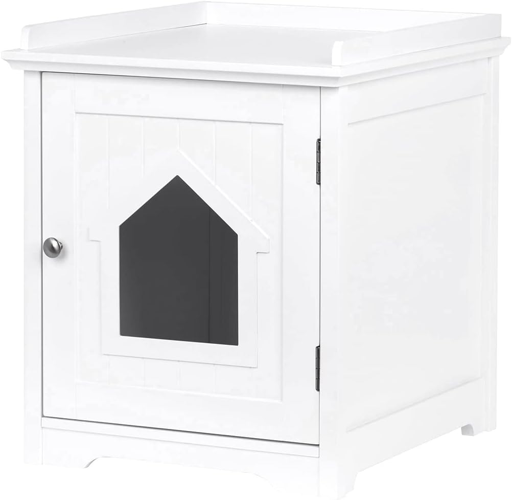 PAWLAND Cat Litter Box Enclosure, Cat House Side Table,Night Stand Pet House, Indoor Cat House, White