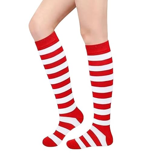 Calcetines Largos Rayas Rojas y Blancas, Calcetines Hasta la Rodilla Mujer Rayas, Calcetines Altos de Muslo para Mujer Niña, Calcetines a Rayas Rojas y Blancas para Carnaval Navidad Cosplay Halloween | Ya disponible en tu tienda friki favorita! En mundofriki.es!