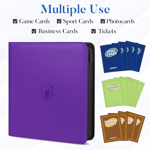 Image of Premium Zip Card Binder 12 Pocket, Fabmaker 912 Pockets Trading Card Binder, PU Zipper Card Collection Album, Sturdy Side-Loading Card Book Holder for Game & Sports Cards, Purple