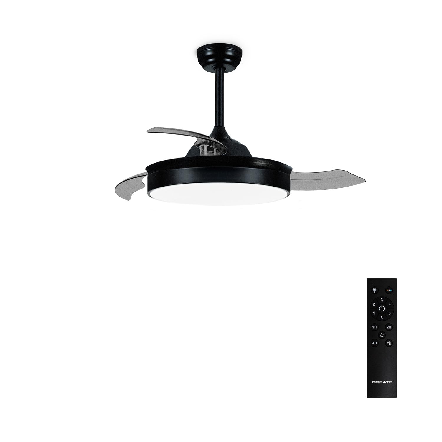 CREATE / WIND CLEAR M/Ventilador de techo con luz negro con mando / 40W, Ø108 cm, temporizador, 6 velocidades, aspas retráctiles, 3 temperaturas de luz, función verano-invierno