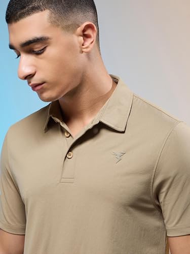 Image of TECHNOSPORT Men's Solid Slim Fit Polo Collar T-Shirt COTFLEX Half Sleeve Button Polyester for Gym Running Workout UPF50+ Anti Odour