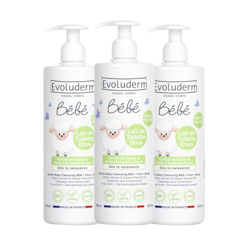 EVOLUDERM - Lait de Toilette Doux Visage & Corps Bébé - 500 ml - 98% d'Origine Naturelle - Végan - Fabrication Française - Lot de 3 x 500 ml