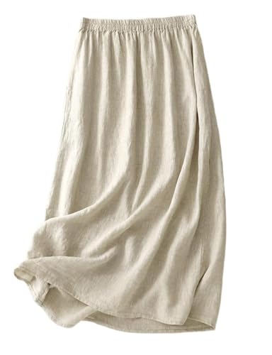 Kinghua Linen Skirts for Women Spring Summer A Line Elastic High Waisted Casual Trendy Midi Long Skirt with Pockets