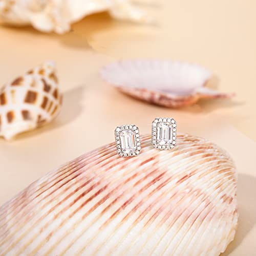 Eamti 925 Sterling Silver Stud Earrings For Women 0.5Ct Emerald Cut Cz Dainty Stud Earrings White Gold Plated Halo Stud Earrings Hypoallergenic #TOP2